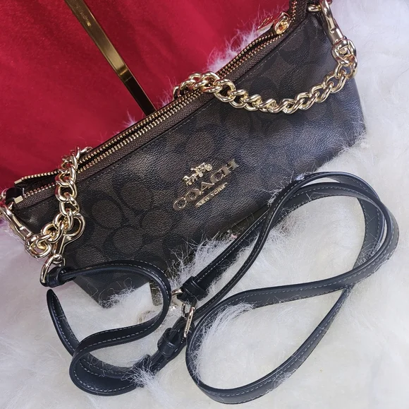 Coach Charlotte Brown/Black and Gold Crossbody Shoulder Bag Signature Style - Picture 2 of 4